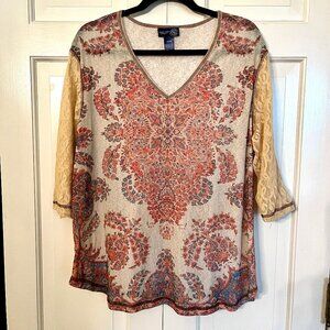 Vintage Y2K Venezia Jeans Lace Sleeve Mesh Burnout Abstract Floral Top 22/24
